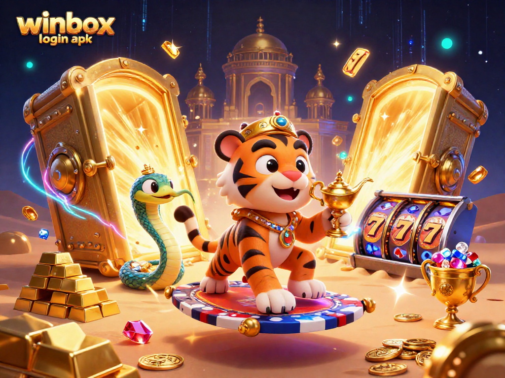 Engage in exciting gameplay with winbox login apk, featuring a vibrant casino scene of characters and gems.