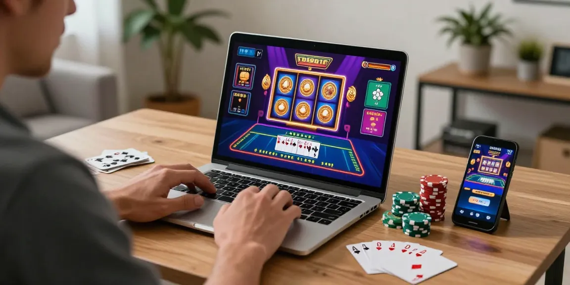 Player exploring credit card casinos on a laptop in a cozy home office.