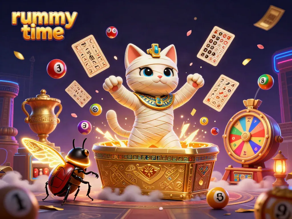 Experience thrilling rummy time with an Egyptian mummy cat in a vibrant casino scene.