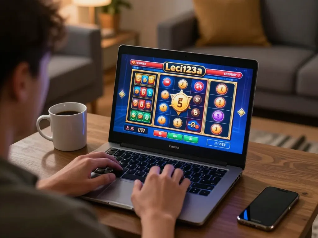 Player enjoying leci123a slots on laptop at home, cozy atmosphere depicting responsible gaming.