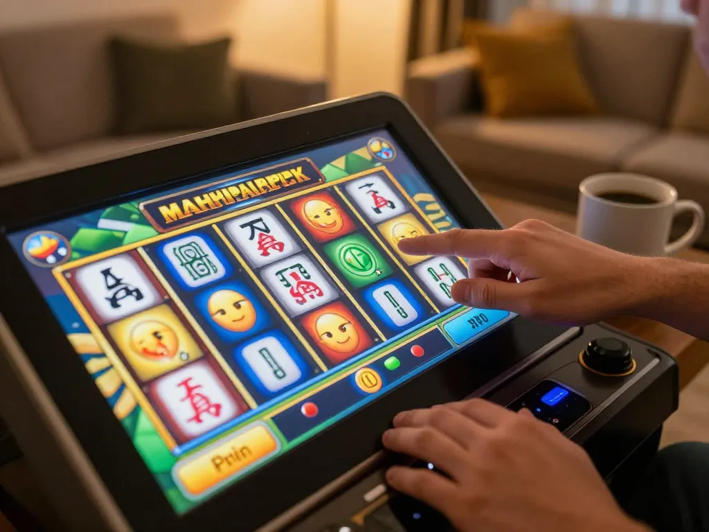 Player enjoying a game of slot mahjong on a tablet in a cozy home setting, ready to spin and win big