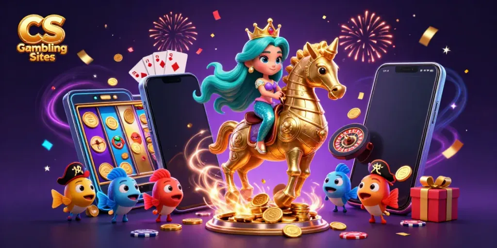 Engage in thrilling gameplay at CS Gambling Sites with vibrant slot games, colorful characters, and dynamic casino elements.
