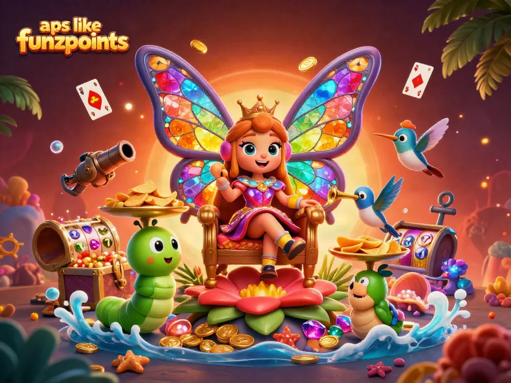 Play engaging games like Funzpoints with stunning visuals and immersive rewards in this lively illustration.