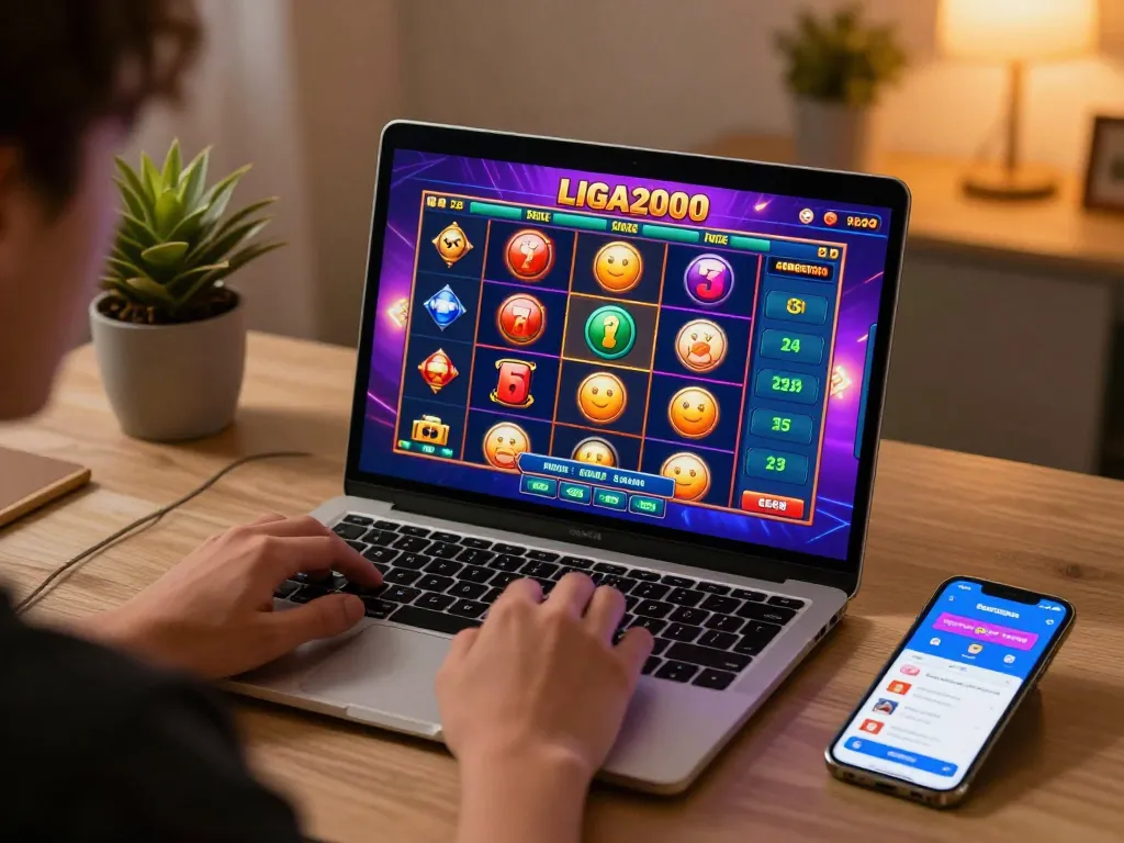 LIGA2000 player engaged in online slot gaming, showcasing dynamic reels and strategic gameplay.