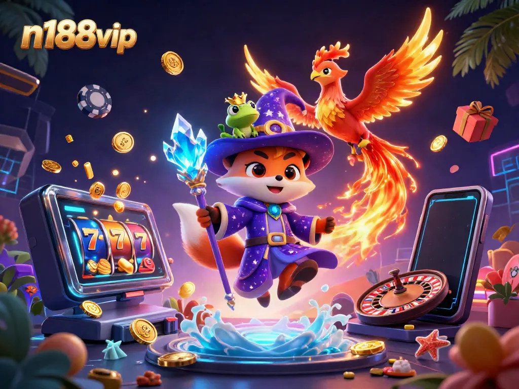 Engage with n188vip's thrilling casino world featuring vibrant characters, dynamic games, and magical elements.