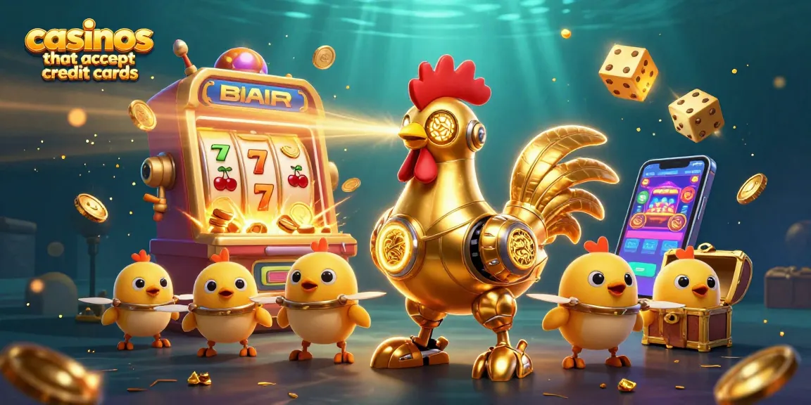 Engage with casinos that accept credit cards featuring a golden rooster robot and vibrant slot machine treasures.