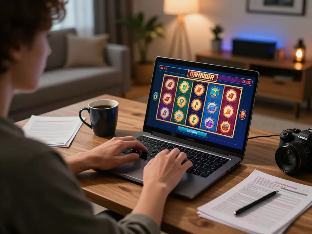 Engaging in slot online on a laptop while managing bankroll notes and enjoying a cozy atmosphere.