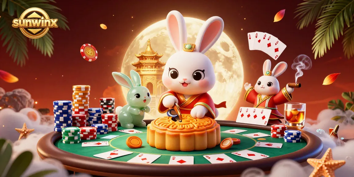 Experience sunwinx's vibrant casino scene featuring a playful moon rabbit revealing poker chips.
