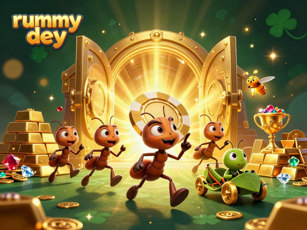 Deity Rummy menampilkan karakter semut kartun 3D mencuri chip poker emas besar dengan latar belakang penuh cahaya emas