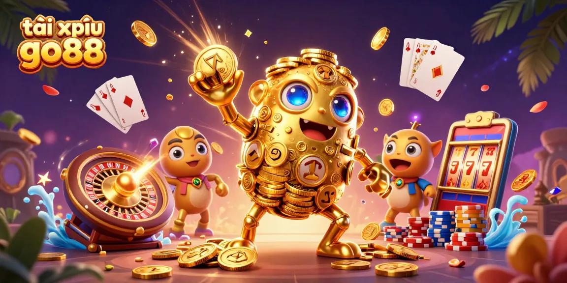 Tài xỉu go88 showcases a lively golden golem amidst cascading coins and vibrant game elements.