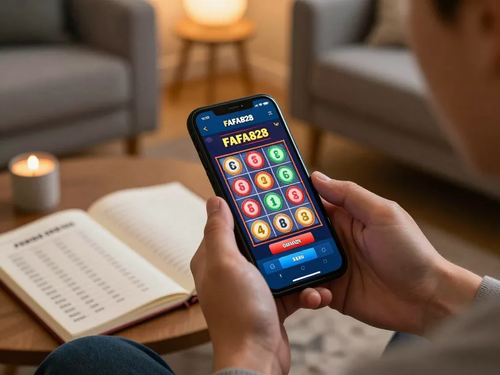 Player exploring FAFA828 mobile app for exciting casino gameplay in a cozy setting.