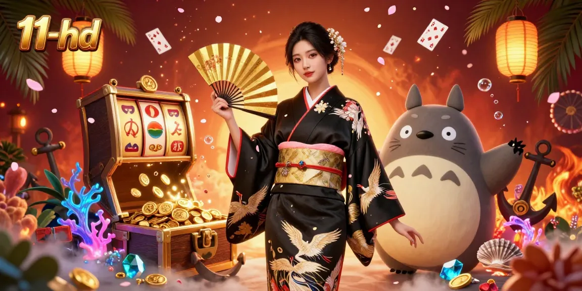 Engage in gaming excitement with 11-hd in a vibrant casino scene featuring golden reels and lucky symbols.
