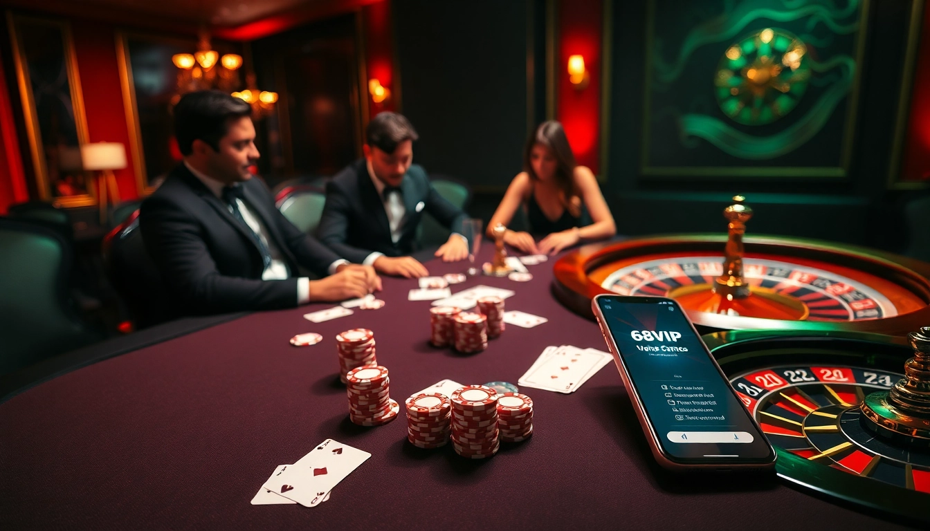 Engaged players at a high-stakes poker table with 68VIP branding, showing luxury and excitement in gambling.