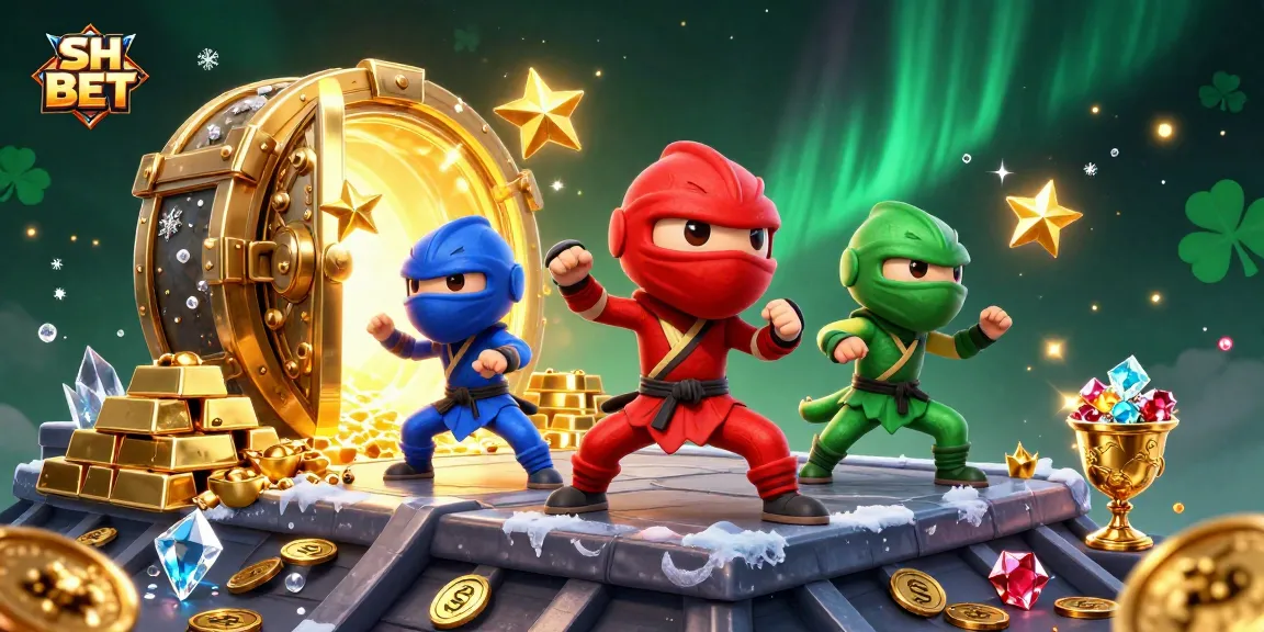 Experience the action of SH BET with three ninja chameleons in a vibrant casino scene.