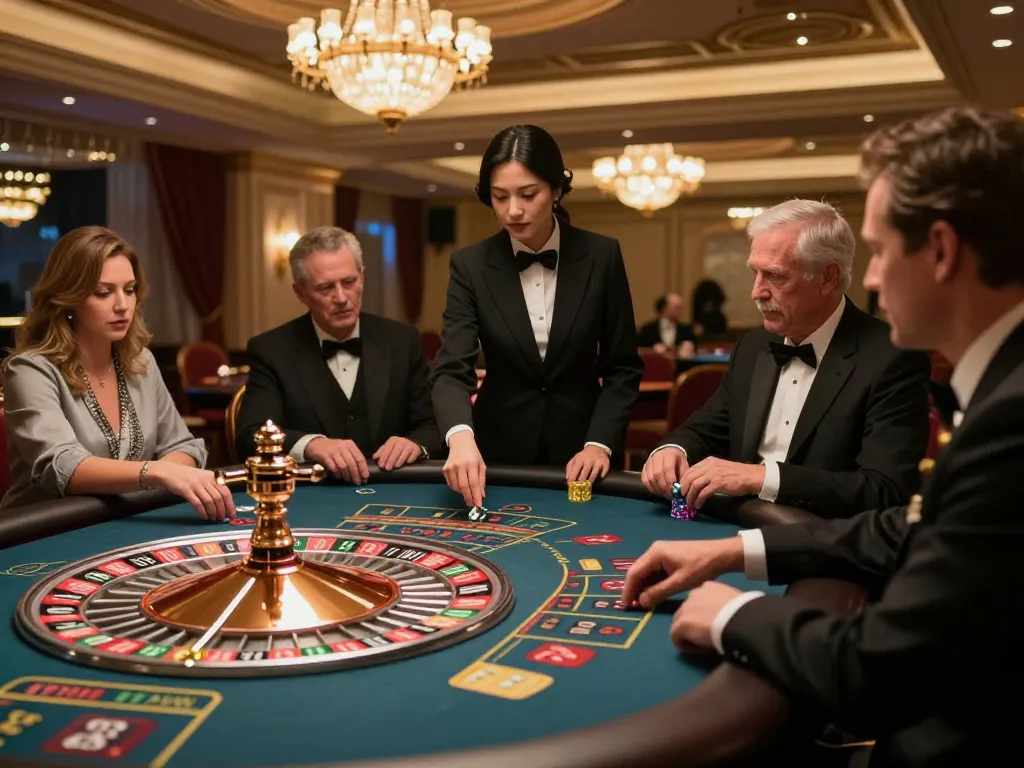 Luckyindex showcases players excitedly betting at a roulette table in a luxurious casino.
