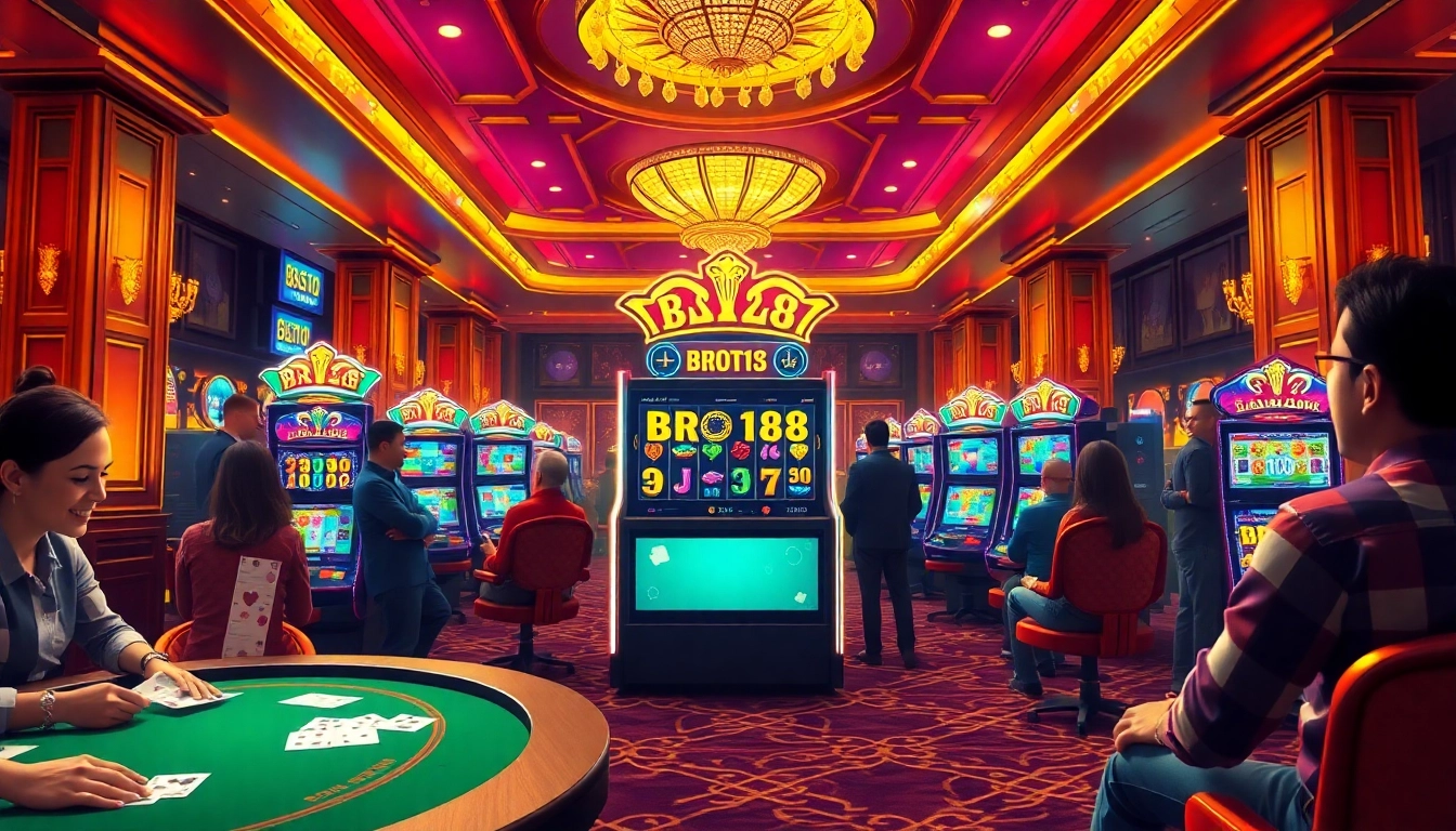 Excited players engaging with the bro138 slot machine in a vibrant casino atmosphere.