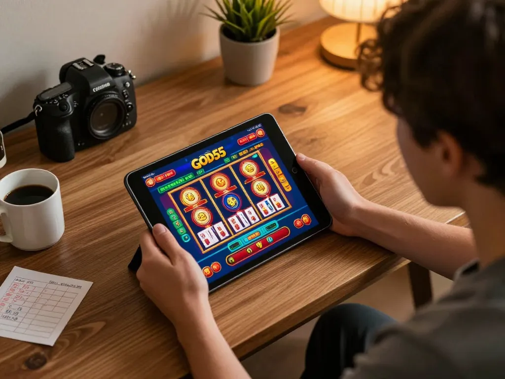 Engaging with God55 casino on a tablet in a stylish home setup for exciting online gambling