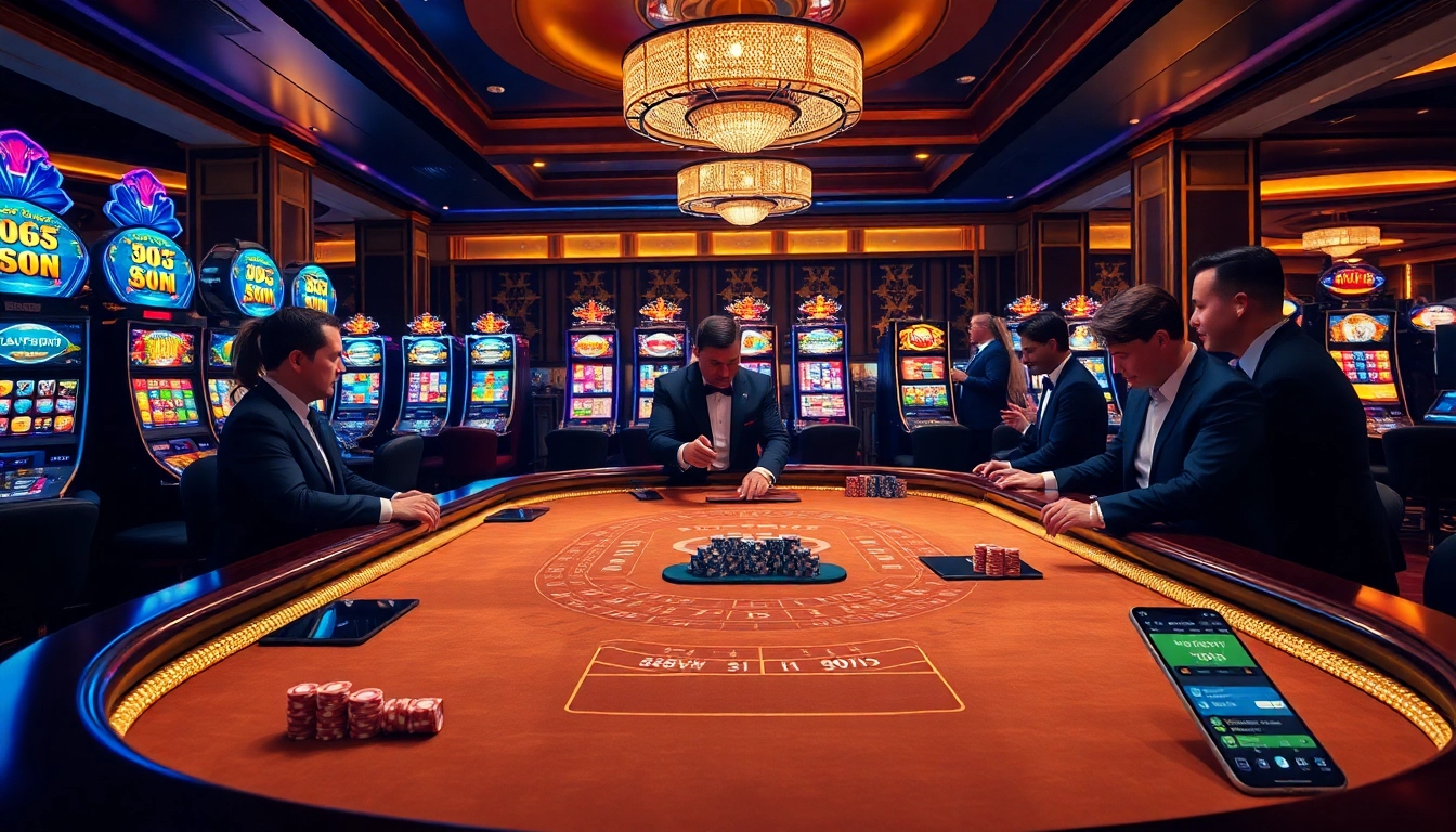 Winning players celebrating at the elegant 68VIP casino table with vibrant slot machines and mobile betting interfaces.