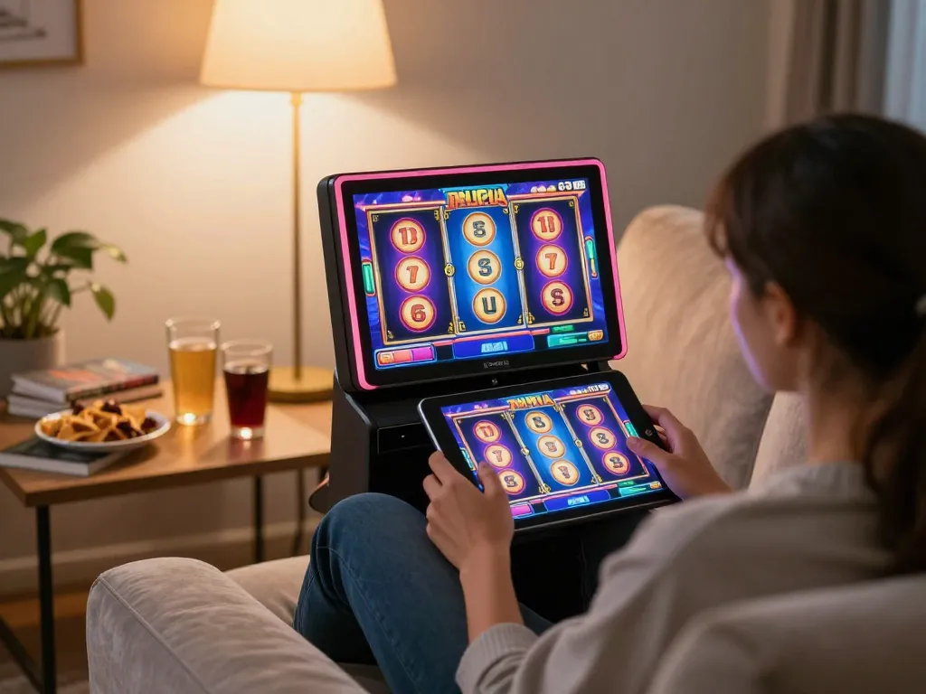 Orang yang menikmati sesi permainan slot yang mendebarkan di tablet di ruang tamu yang nyaman.
