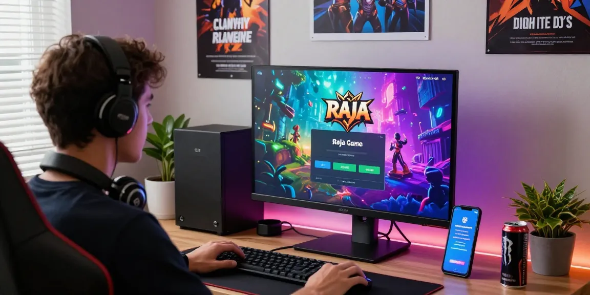 Engaged user at a gaming setup for Raja Game login on a colorful interface with a cozy atmosphere.