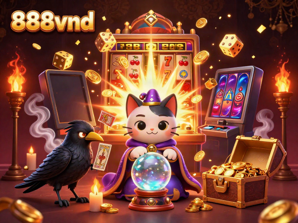 Win big with 888vnd's thrilling slot machine and dynamic casino elements in a vibrant 3D illustration.