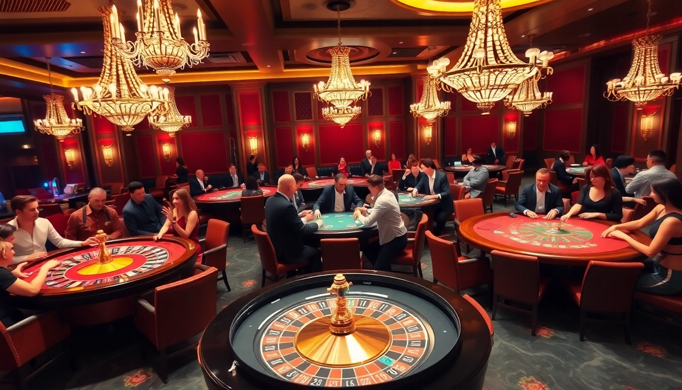 Engaging casino scene with players at roulette and poker tables, vibrant atmosphere.