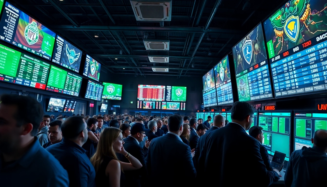 Bettors engaged in Sports Betting at a lively sportsbook with live odds displayed.