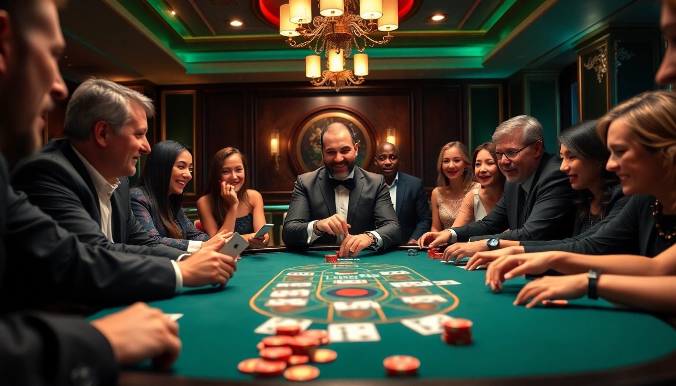 Experience the excitement of a Blackjack Casino with players engaged around a vibrant card table.