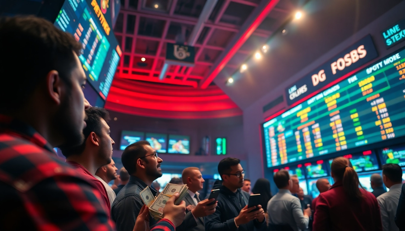 Engage in online Betting at a lively sportsbook atmosphere with diverse bettors and live odds.