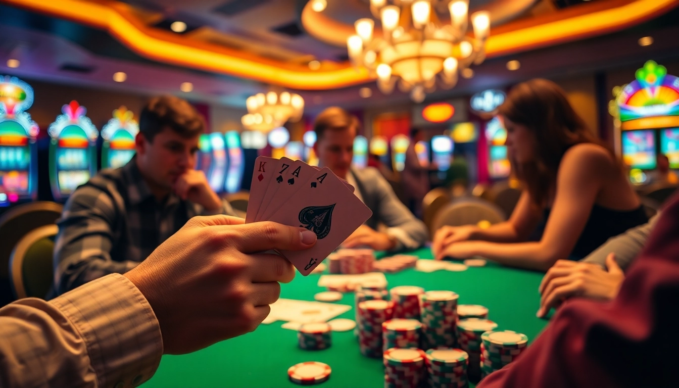 Engaging poker game atmosphere with players focused on their cards at a casino table.