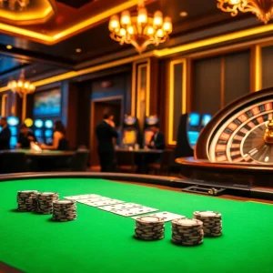 KJC casino players engaging at a poker table with vibrant chips and cards in an opulent setting