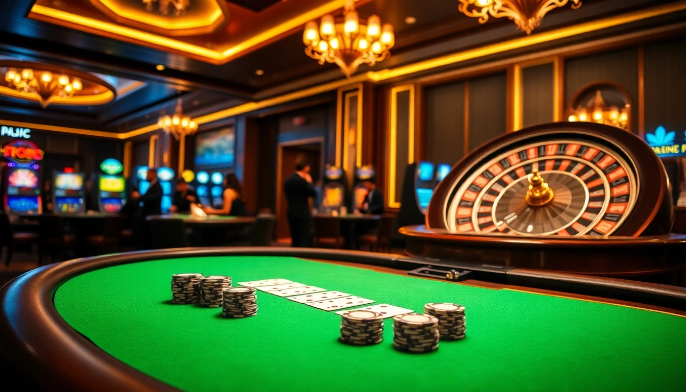 KJC casino players engaging at a poker table with vibrant chips and cards in an opulent setting