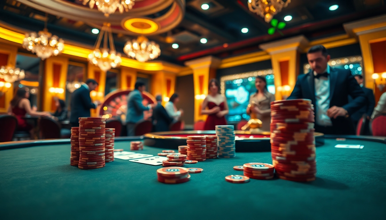 Engaged players strategizing at a poker table while gambling with KK55 chips in a luxurious casino.