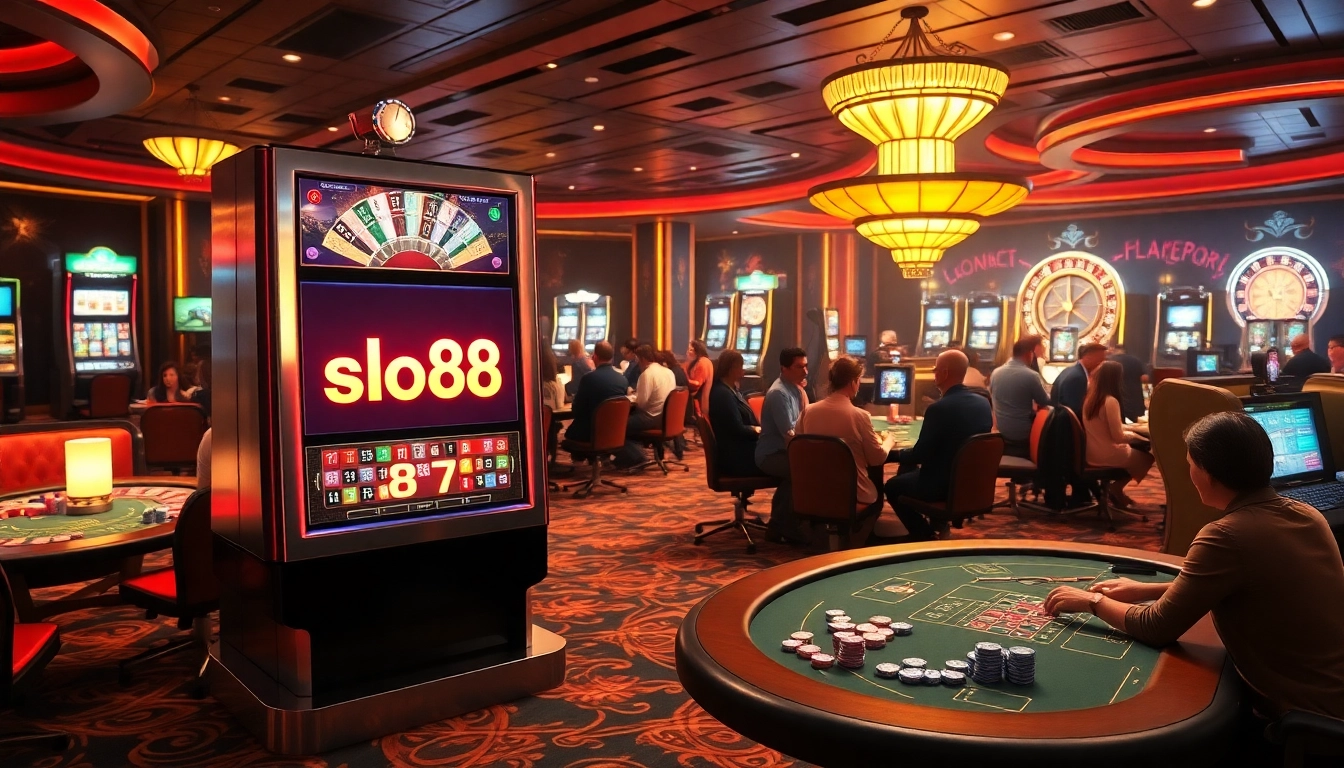 Excited players engage with the slot88 machine in a luxurious casino scene.