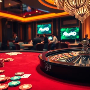 Paha4D gamers strategizing at a luxurious casino table surrounded by vibrant poker chips and a roulette wheel.