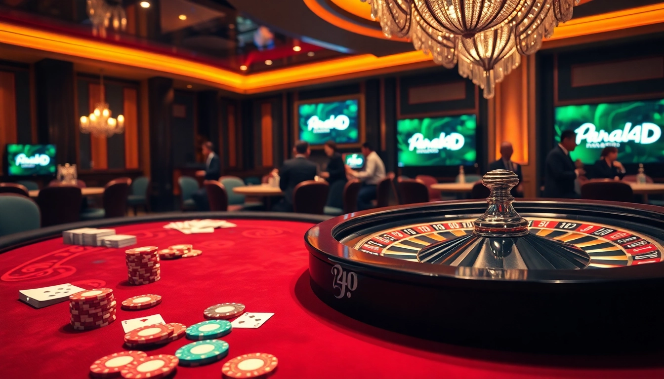 Paha4D gamers strategizing at a luxurious casino table surrounded by vibrant poker chips and a roulette wheel.