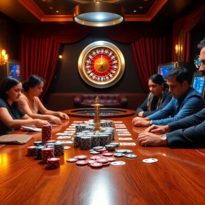 KJC poker players engage intensely at a lavish gaming table filled with chips and cards.