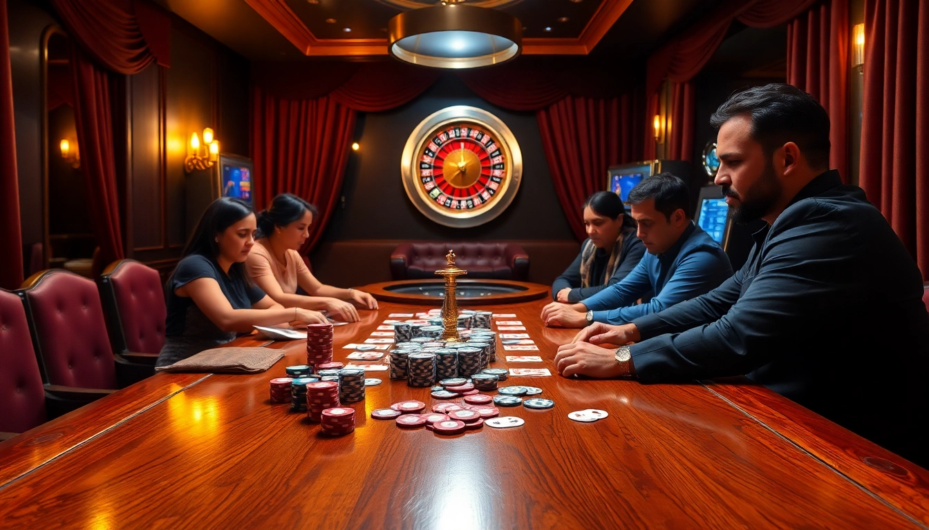 KJC poker players engage intensely at a lavish gaming table filled with chips and cards.