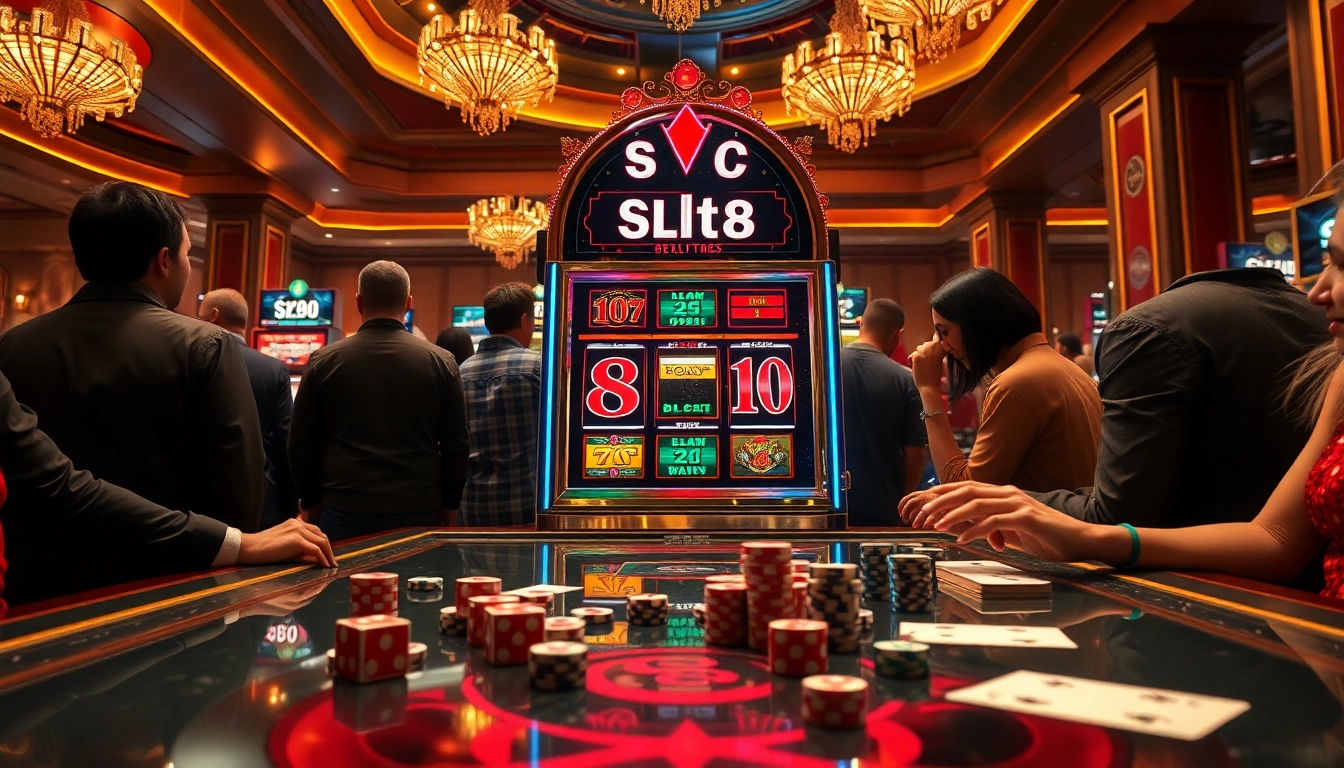 Players enjoying the thrilling slot88 game at a luxurious casino, surrounded by poker chips and dice.