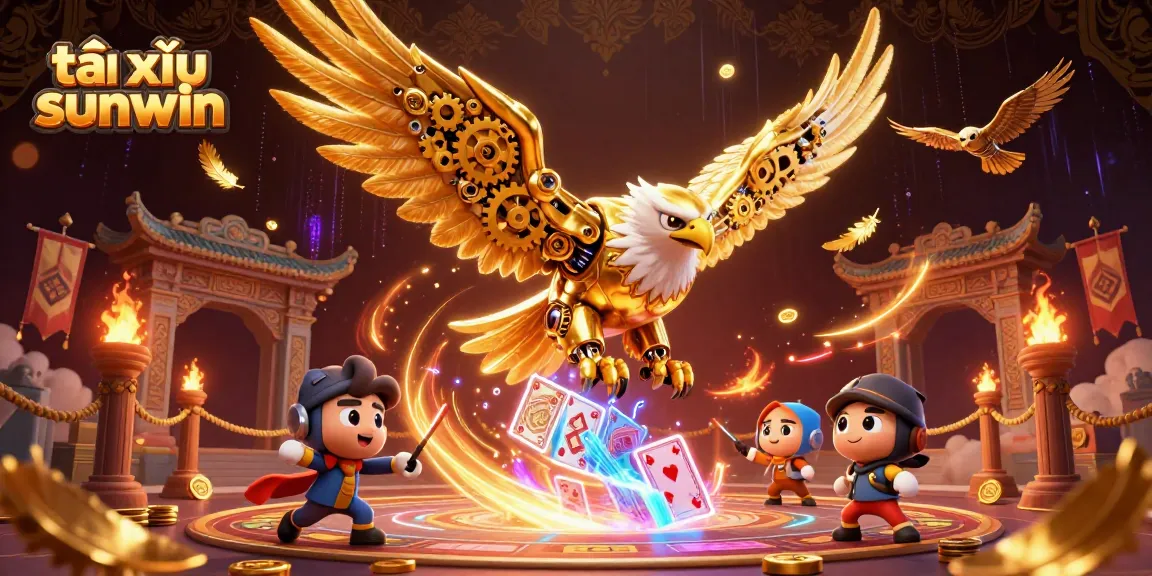 Experience the thrill of tài xỉu sunwin with a dynamic scene of a cybernetic eagle diving through holographic cards.